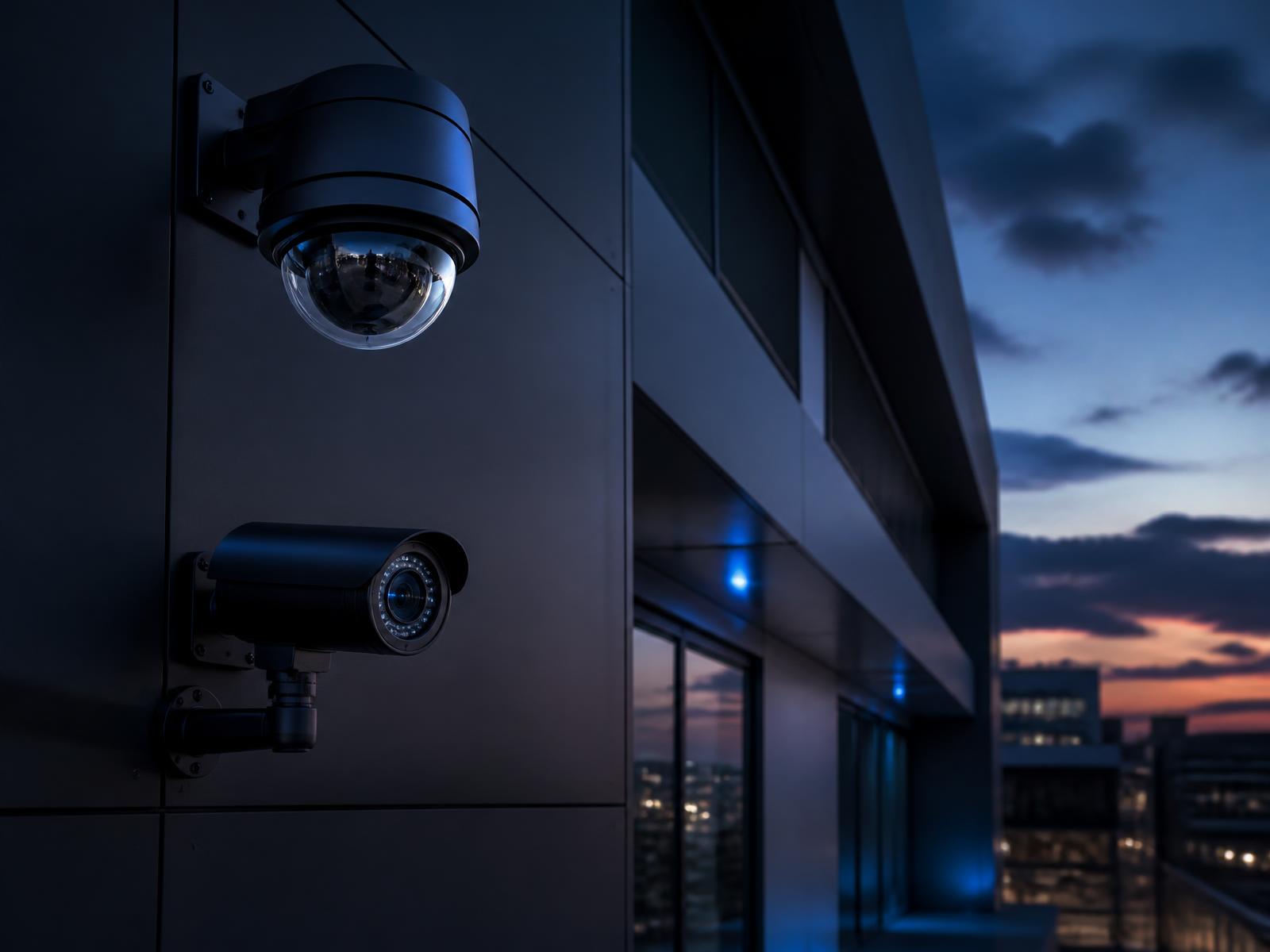 Câmeras de segurança instaladas na fachada de um edifício moderno